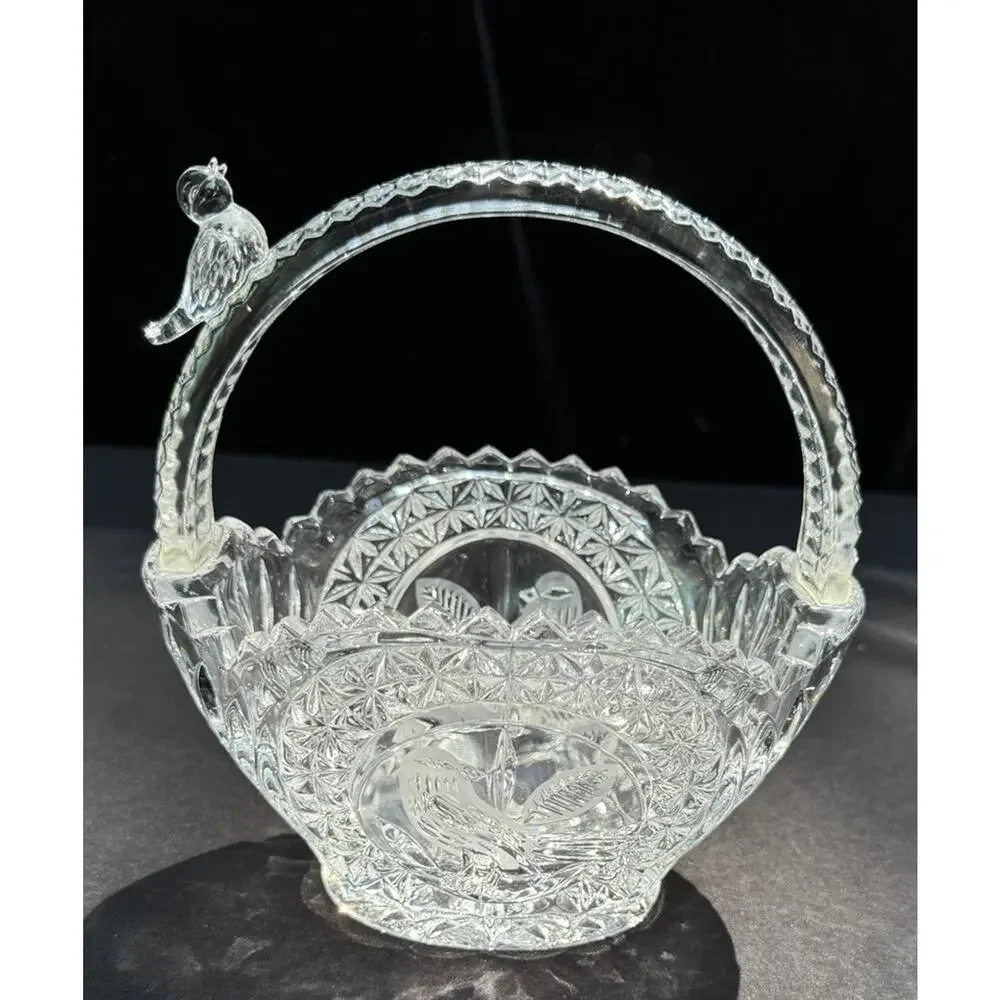 Hofbauer Byrdes Lead Crystal Basket Bird Handle Etched German Glass 6